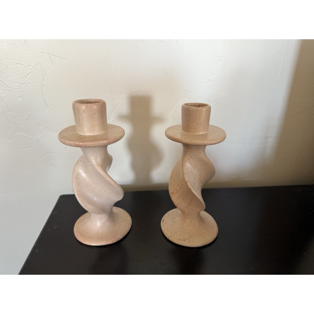 Set of 2 Hand Carved Soapstone Candlestick Holders, Made in Kenya Twisted Pastel